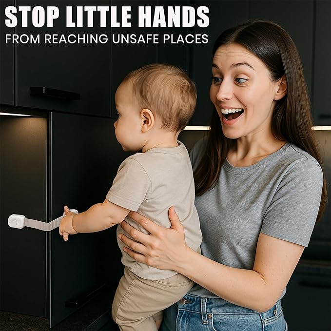 12 Pack Child Proof Cabinet Locks, Adjustable Strap Locks, Baby Proofing, No Drill, Strong 3M Adhesive Safety Latches for Drawers, Fridge, Cupboard, Oven, Toilet Seat, Trash Can (White)
