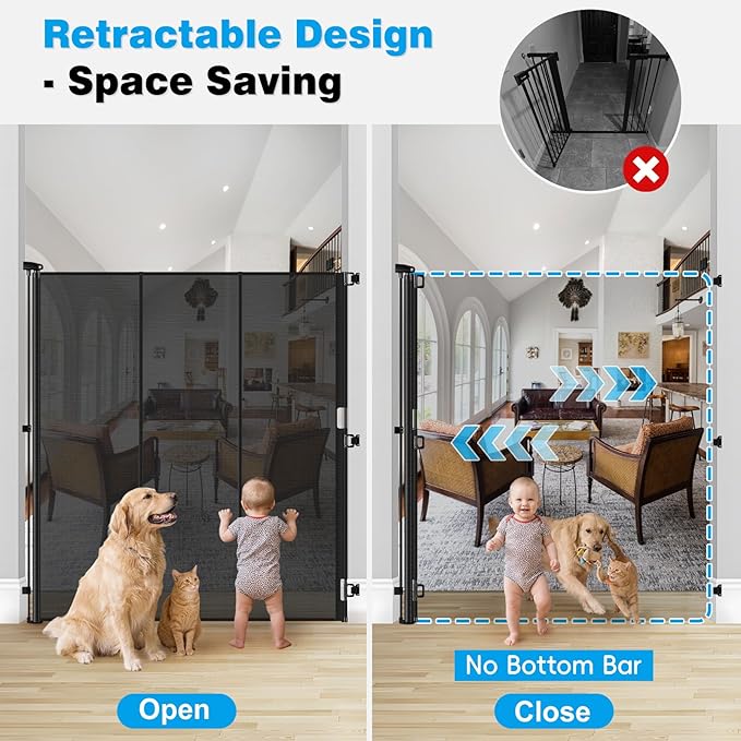 Reinforced 65" Extra Tall Pet Gate for Doorway, Jump-Resistant & Prevent Crawling Underneath Retractable Baby Gates Extra Tall, 0-55" W Retractable Dog Gate for Pet, Dogs, Cats, Puppies, Babies, Black