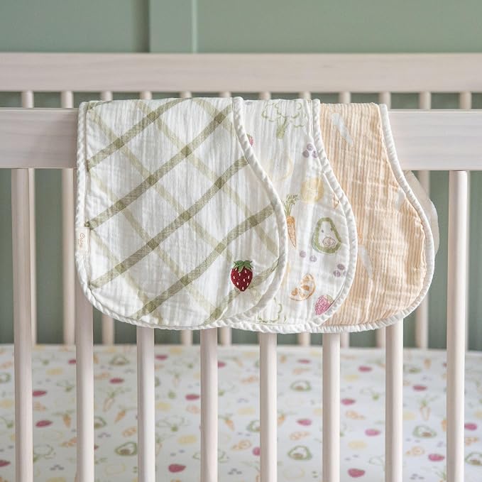 Crane Baby Clementine Cotton Muslin Burp Cloth Set of 3, Fruits & Veggie Print, Baby Boy & Girl Burp Cloths, Absorbent 100% Cotton Muslin & Terry Cloth, Soft Burping Cloths for Newborn