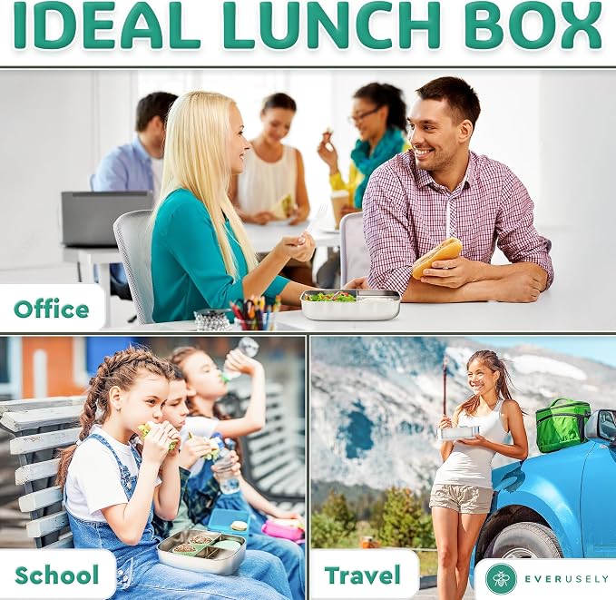 Everusely - Bento Box - Green, 60oz / 1.8 L - Extra Large Stainless Steel Lunch Box + Leakproof Condiment Container - 3 Compartment Snack Organizer for On the Go Meals - Freezer & Dishwasher Safe