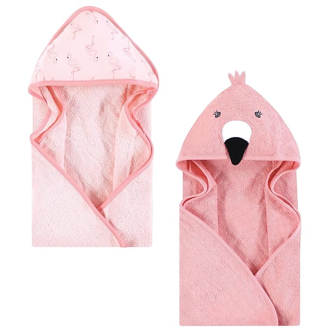 Hudson Baby Infant Girl Cotton Animal Face Hooded Towel, Pink Flamingo, One Size