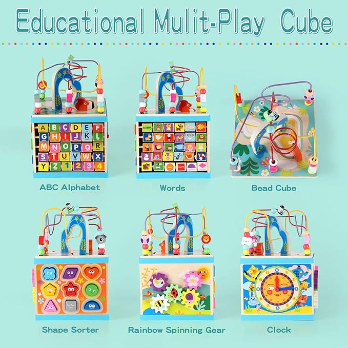 Qilay Wooden Activity Cube for Toddlers (Large), 5 in 1 Multipurpose ABC-123 Abacus Bead Maze Shape Sorter | Early Educational Toy for Toddlers - First Birthday Present for Boys Girls