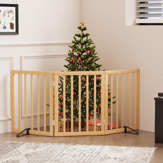Dog Gate, Freestanding for Doorways, Indoor, Pet Gates for Bedroom, 3 Panels (Natural)