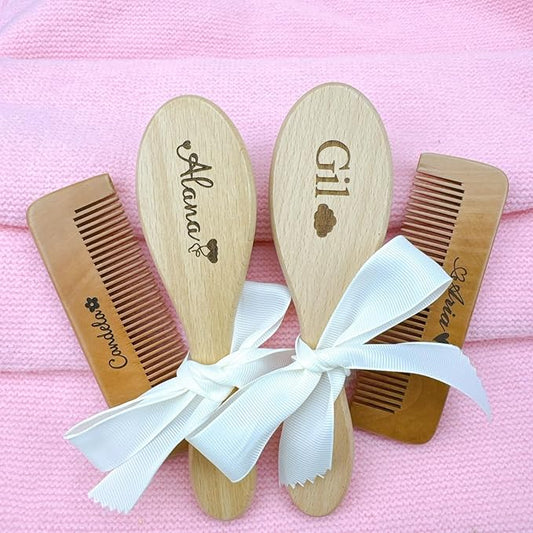 Personalized Baby Hair Brush and Comb Set for Newborns and Toddlers, Soft Goat Hair Brush, Natural Wood Massage Brush and Comb, Preventing Cradle Cap