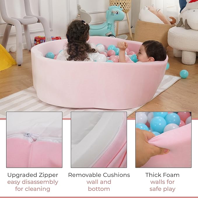 Baby Ball Pit - Premium Velvet Memory Foam Ball Pit for Toddlers 1-3 and Babies - Large Pink Flower Baby Ballpit - Indoor Soft Play Equipment for Kids - Pink - Balls NOT Included