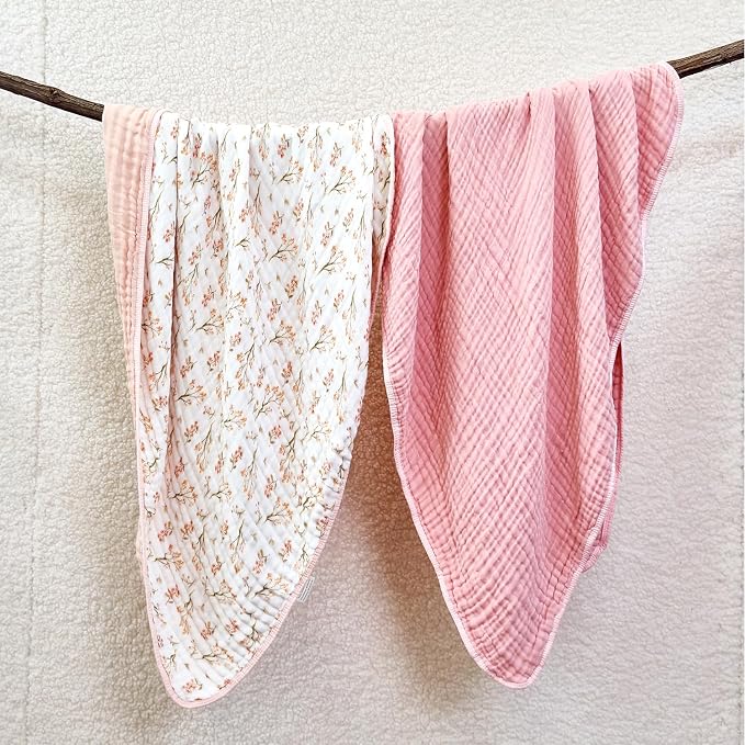 Ultra Soft Muslin Baby Blanket Pack of 2 Cotton Muslin Swaddle Bed Blankets for Infant Babies and Toddlers Girls Newborn 43"X43" (Floral and Pink)