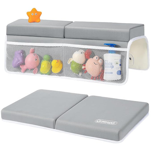 URMYWO Bath Kneeler and Elbow Rest Pad Set - 1.5" Thick Baby Bath Kneeler Pads with Toys Organizer, Anti-Slip Cozy Knee & Arm Support Bathtub Mat, Quick Dry Kneeling Pad for Baby Bath Time