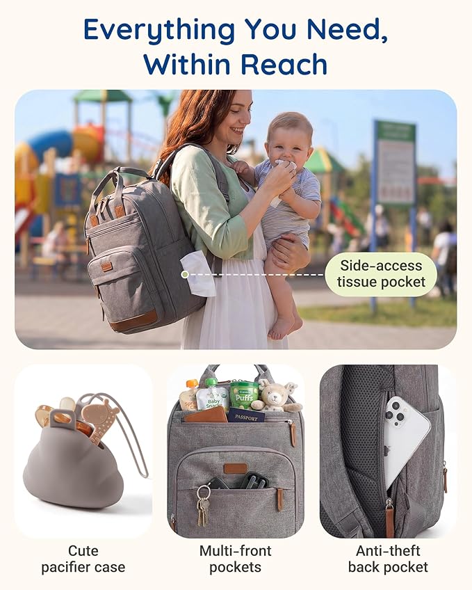 mommore Diaper Bag Backpack with Waterproof Changing Pad, Insulated Bottle Holders & Pacifier Case, Baby Diaper Bag with 2 Organizer Pouches, Stroller Straps, Gray White