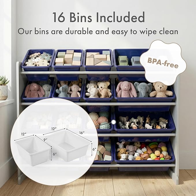Humble Crew Supersized Toy Storage Organizer with 16 Removable Bins, Grey/Navy ??Large Toy Storage for Toddlers Ideal for Kids' Rooms, Playrooms, and Nurseries - Modern Toy Bins for Kids