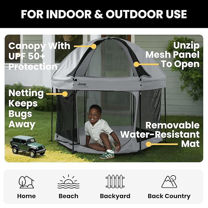 Jeep Hexagon Pop Up Play Yard with Removable Canopy | Ideal for Indoor and Outdoor Use, Grey