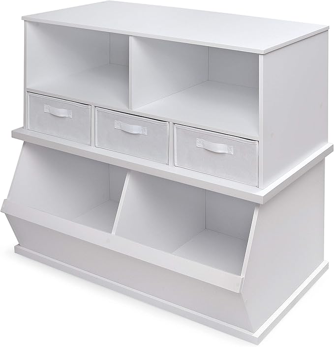 Badger Basket Two Bin Stackable Toy Storage Cubby Organizer ??Modular Storage for Toys, Books, and Crafts ??Solid Wood Panel - White