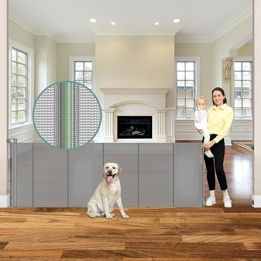 Reinforced 120 Inch Extra Wide Retractable Baby Gate with Support Rods, 33??Tall Retractable Pet Gate for Dogs, Indoor/Outdoor 10 Feet Mesh Child Gates for Wide Openings, Extra Wide Dog gate, Gray