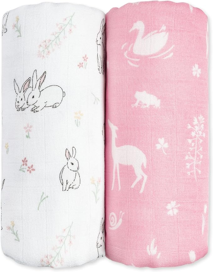 GLLQUEN BABY Muslin Swaddle Blankets Breathable Receiving Blankets (35" x 40") 2-Pack Soft Baby Blankets for Girls and Boys Newborn Essentials Muslin Burp Cloths Swaddle Wrap Gift(Looking for Spring)