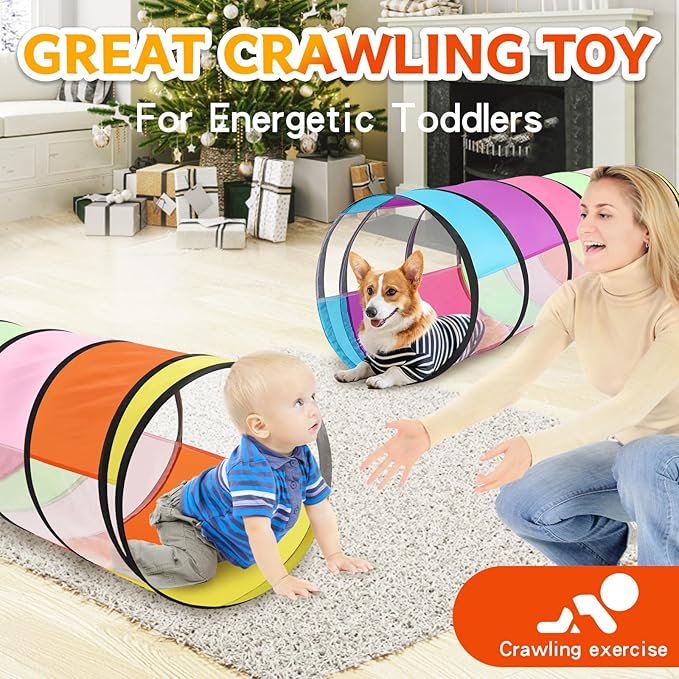 Colorful Baby Play Tunnel for Toddlers with 2 Mesh Sides, Kids Crawling Tunnel Play Tent Pop Up Toddlers Tunnel, Cat Tunnel for Dogs Pets Indoor Outdoor Toy Gift