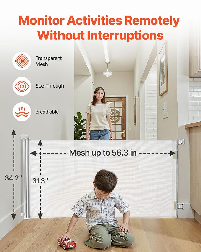 VEVOR Retractable Baby Gate, Extends to 56.3 inch Wide, 31.3 inch Tall, with Security Lock, Easy to Use, Walk Through Without Tripping, Mesh Dog Gate for Stairs, Hallways, Indoor/Outdoor, White
