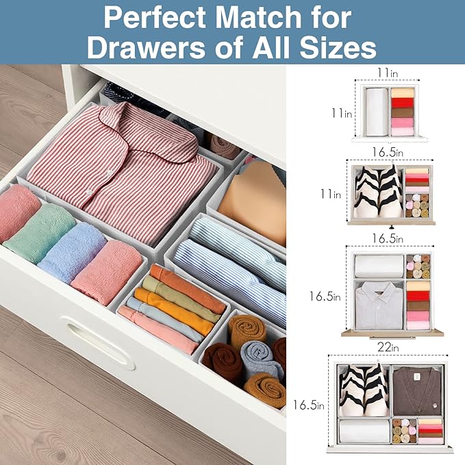 Criusia Drawer Organizer Clothes, 8 Pack Underwear Drawer Organizer, Foldable Closet Organizers and Storage Dresser Drawer Dividers for Clothes, Socks, Scarves, Ties (White)