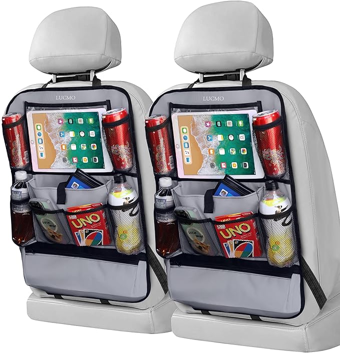 LUCMO Car Backseat Organizer with Touch Screen Tablet Holder-2 Pcs,9 Storage Pockets Car Storage Organizer Protectors Kick Mats Travel Accessories for Kids-Grey