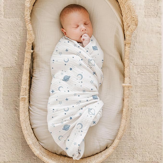 Konssy Muslin Swaddle Blankets for Girls Boys 2 Pack, 100% Cotton Receiving Baby Blanket Large 47 x 47 inches, Soft Breathable Swaddling Wrap for Unisex Newborn (Star,Blue)