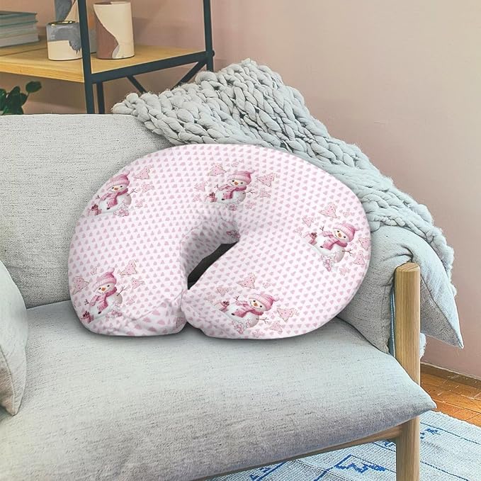 Soft and Comfy Nursing Pillow Cover for Boys and Girls,Christmas Reversible Nursing Pillow Cover: Dual-Sided Comfort for Breastfeeding and Bottle Feeding Pink Snowmen Pattern(Cover Only)