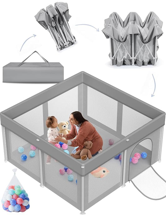 Foldable Baby Playpen 50"×50", Playpens for Babies, Playard for Babies and Toddlers, Portable Safety Baby Fence Lightweight,No Installation, Indoor & Outdoor Playpen with Ocean Balls*50, Grey