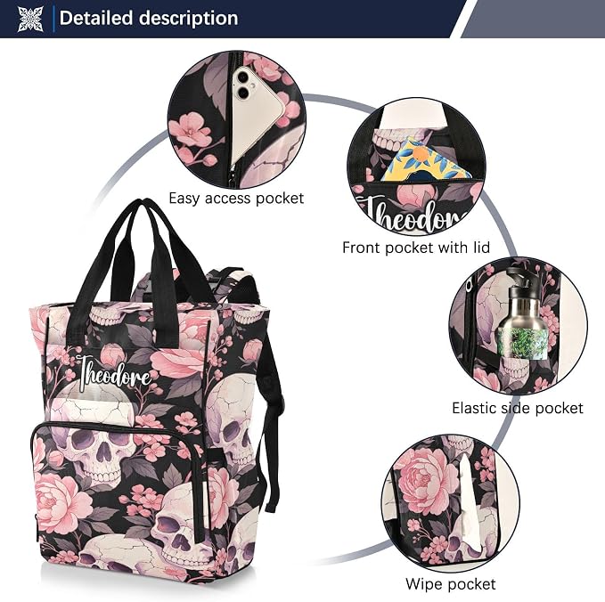 Custom Name Vintage Red Rose Skull Diaper Bag Stroller Straps Gift Mom Dad