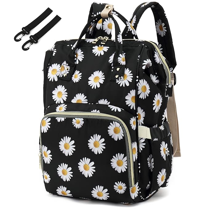 Floral Diaper Bag Backpack for Baby Girls Boys, Flowers Mom Nappy Bags for Women (Daisy Black)