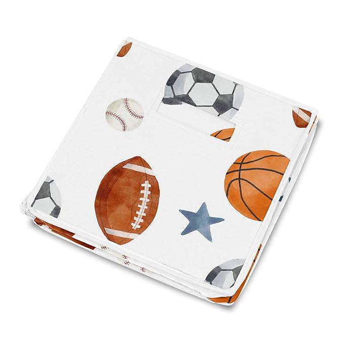Sweet Jojo Designs Sports Theme Boy Collapsible Toy Storage Box Chest Organizer with Lid Baby Nursery Kids Childrens Room Watercolor Vintage Sport Soccer Balls Football Baseball Basketball Blue Stars