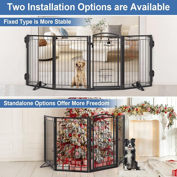 Full Metal Freestanding Dog Gate with Cat Door for Indoor & Outdoor,32" Tall Foldable Dog Fence,80" Extra Wide Free Standing Pet Gate for Large Openings,Stairs,Deck,Yard,Doorways(4 Panels,Black)