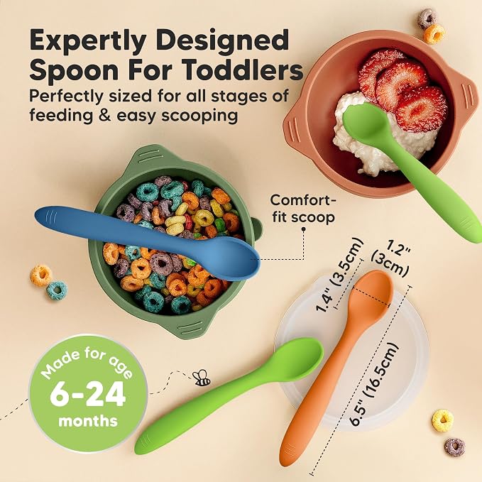 KeaBabies 3-Pack Silicone Baby Spoons and 12-Pack Baby Food Containers - Toddler First Food Training Spoon - 4 oz Leak-Proof, Microwavable Feeding Container