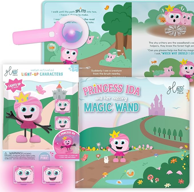 Glo Pals Water Activated Light-Up Story Book Sensory Bath Toy Bundle with Interactive Book, Magic Magnifier, 2 Reusable Cubes and Character, Princess Ida