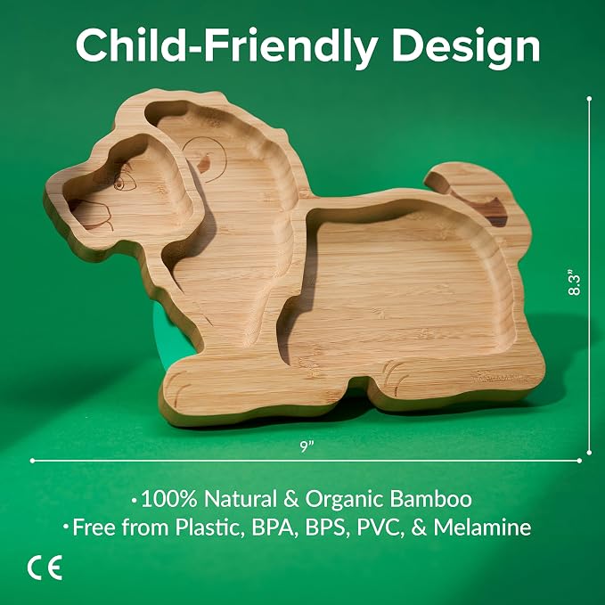 Bamboo Divided Suction Plates for Baby - Strong Suction Plates for Toddlers - Non-toxic All Natural Eco Friendly Materials - Lion