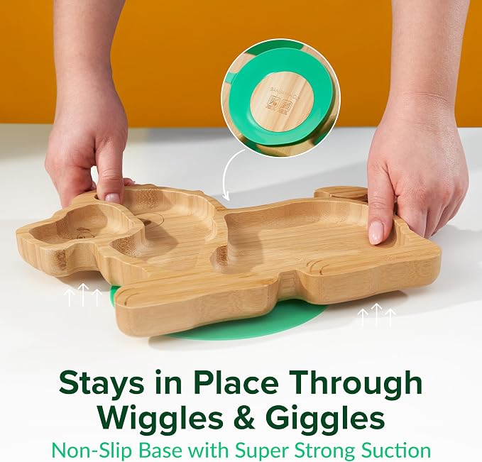 Bamboo Divided Suction Plates for Baby - Strong Suction Plates for Toddlers - Non-toxic All Natural Eco Friendly Materials - Lion
