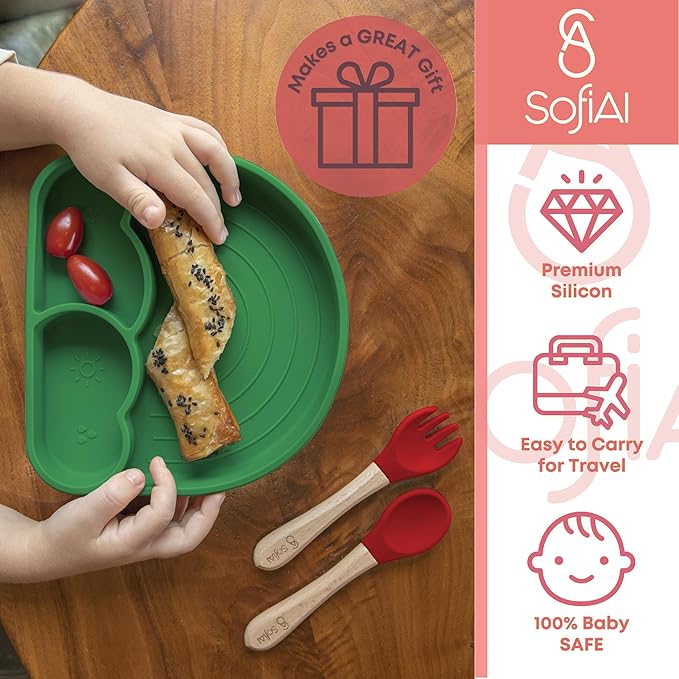 All In One Silicone Feeding Set - Safe for 6-12 Months - Non-Toxic Baby Led Weaning Supplies - Toddler Self Feeding Utensils - BPA-Free - Mess Free Essentials