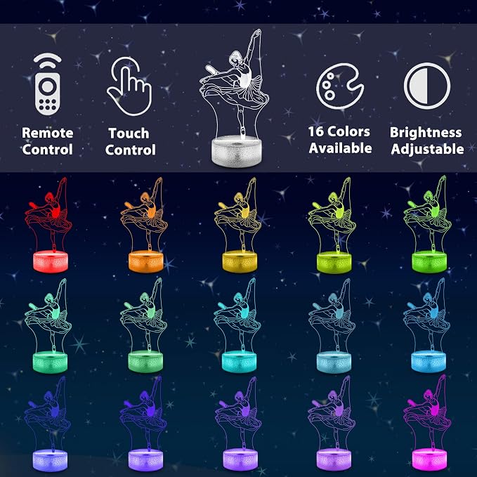 Lampeez Ballet Gifts Kids 3D Ballerina Night Light Ballet Dancer Lamp with 16 Colors Remote Control Changing Birthday Xmas Gift Idea for Boys and Girls