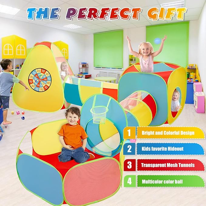 5Pcs Kids Play Tent and Play Tunnel,Ball Pit for Toddler Baby,Foldable Pop Up Tents with Carry Bag,Indoor Outdoor Playhouse with Crawling Toys,Boys and Girls Best Birthday Gifts