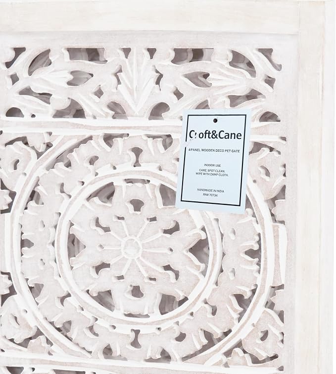 Croft&Cane Wooden Foldable Pet Dog Safety Gate - 4 Panel 20 W x 24 H - Hand Carved Suzani Free Standing Portable Indoor Puppy Gate - Doorway Hall Stairs Dog Fence - Assembled - White Wash