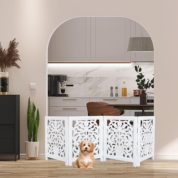 Lightnpro Foldable Carved Wooden Dog Gate 72 Inch - Pre Assembled Freestanding Indoor Pet Barrier for Home, Adjustable Dog Fence for Stairs, Doorways & Hallways - 24x18 Inch (4 Panels) Antique White