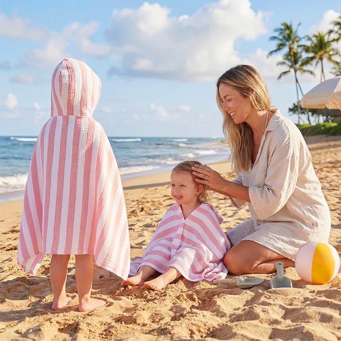Mindsoft Muslin Hooded Beach Towel for Kids 1-3 Years 30" x 50" Toddler Beach Towel Poncho Soft Fast Drying Absorbent Blankets for Baby Shower Pool Bath Travel Swimming Essentials(Pink)