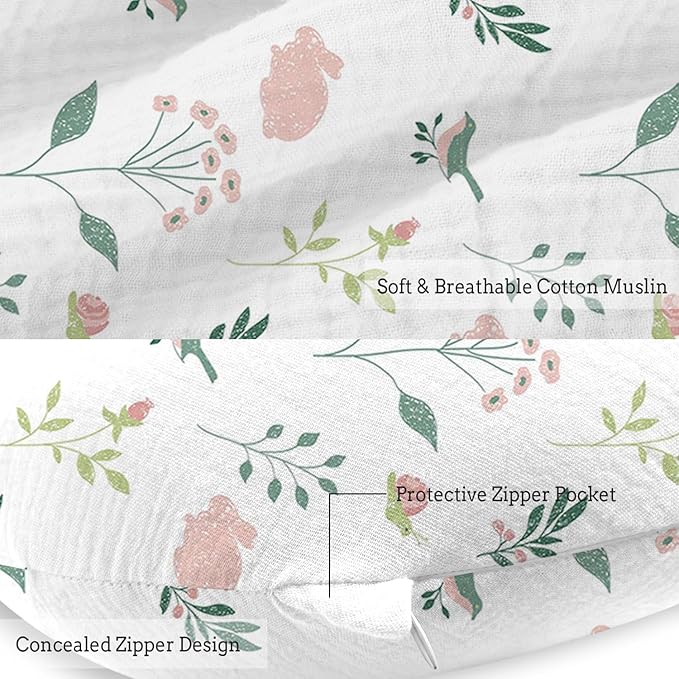 Little Grape Land Muslin Nursing Pillow, Soft 100% Cotton Breastfeeding Pillow with Breathable Cotton Removable Cover, Pink Bunny Breast Feeding Pillows for Babies 0-12 Months with Protective Zipper
