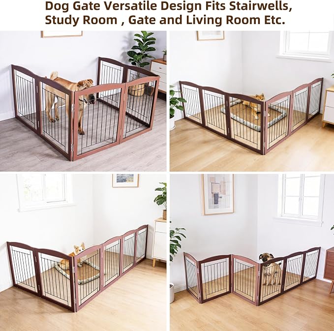 ZJSF Freestanding Foldable Dog Gate for House Extra Wide Wooden Brown Puppy Gate Stairs Dog Gates Doorways Tall Pet Gate 24 "Height 6 Panels Pet Fence
