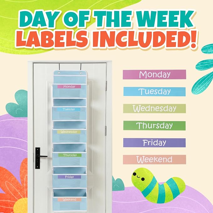 Houseables Weekly Clothes Organizer for Kids, Days of the Week Clothes Organizer, Kids Closet, Daily Outfit Storage, Monday Through Friday Clothing, Weekday, M-F, School, Hanging, Over Door, 6 Shelf