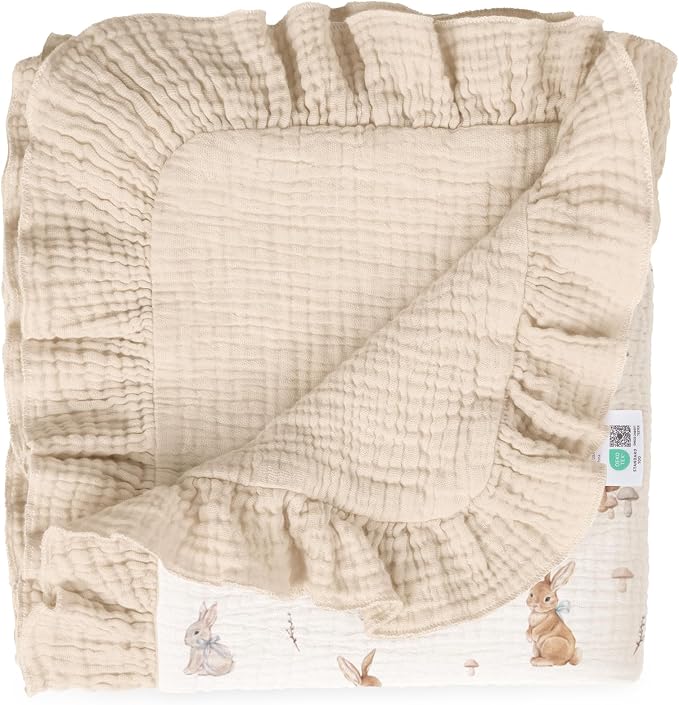 lulumoon Muslin Baby Blanket for Girls: Breathable Soft Cotton with Ruffle Edge - Lightweight Crib Blanket for Stroller & Photography Backdrop 40"x36"(Bunny)