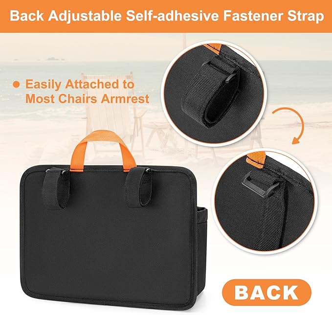 Beach Chair Cup Holders, Arm Organizer for Camping with 2 Self-Adhesive Fastener Strap, Hanging Bag Insulation with 4 Pockets, Camp Chair Accessories for Water Bottle, Magazine, Black, Patent Design