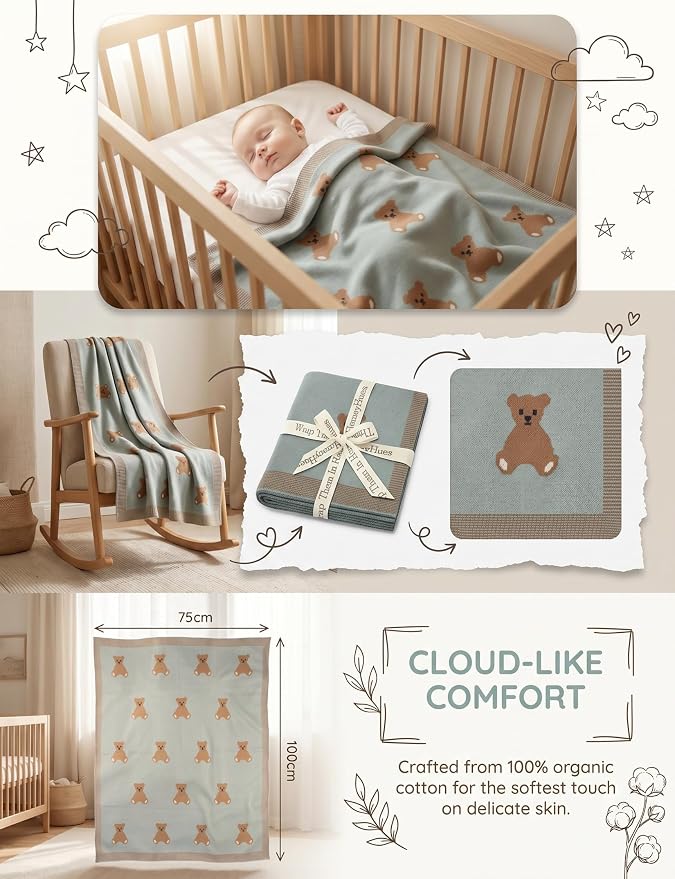 Organic Cotton Baby Blanket - Soft Luxury Knit Receiving Blanket for Newborns & Toddlers, Cozy Breathable Stroller Blanket with Pattern, Unisex, 30x40Inch（Bear-Green）
