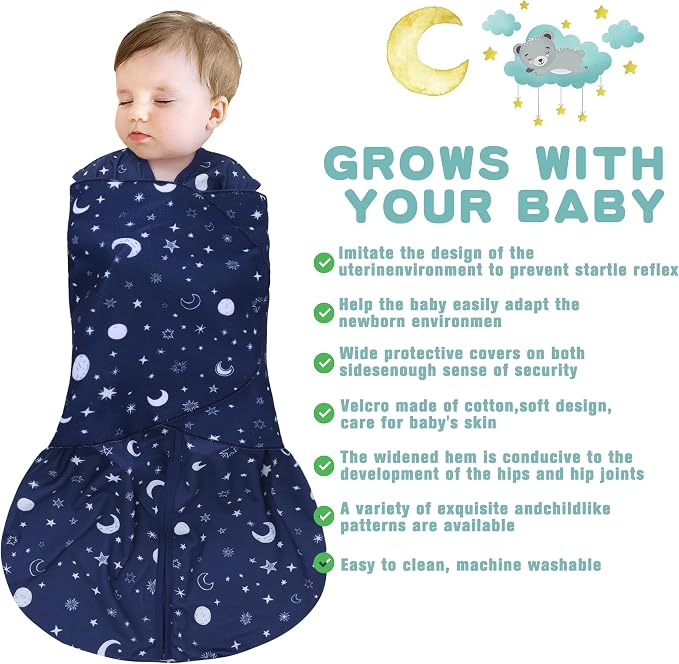 BSTOPPT Newborn Sleep Sack Baby Swaddle,Swaddle me 0-3 Month,3-Way Adjustable Wearable Blanket,100% Rayon Cotton Swaddling Sleeping Bag，TOG 0.5 (Starry Sky, 0-3 Months)