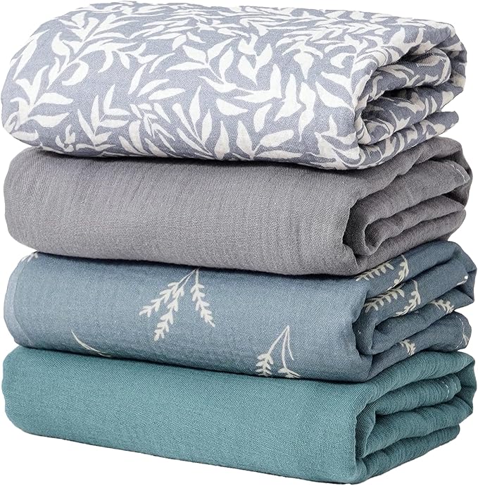 Happy Flute 4Set Muslin Swaddle Blankets??œUltra Soft Baby Blanket for Newborns,Receiving Blankets for Baby Girls & Boys??œBaby Essentials 0-3 Years,40x40inches (Leaf)
