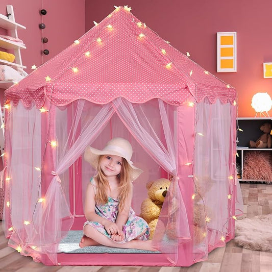 Princess Tent with LED Star Lights,Kids Castle Play Tent for Girls,Large Playhouse Girl Toy Gifts Age 3+,Indoor and Outdoor Games 55.5"x 53"(DxH)
