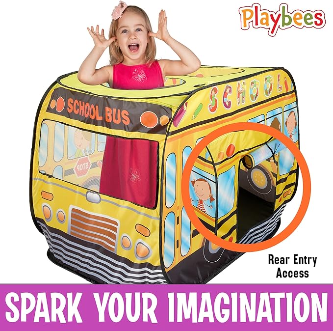Playbees Musical School Bus Pop Up Play Tent with 3 Openings - Tent for Toddlers - Indoor & Outdoor - Pop Up Tents for Kids - Includes Carry Bag and Sound Button- 43.5x28x26.5 Inch