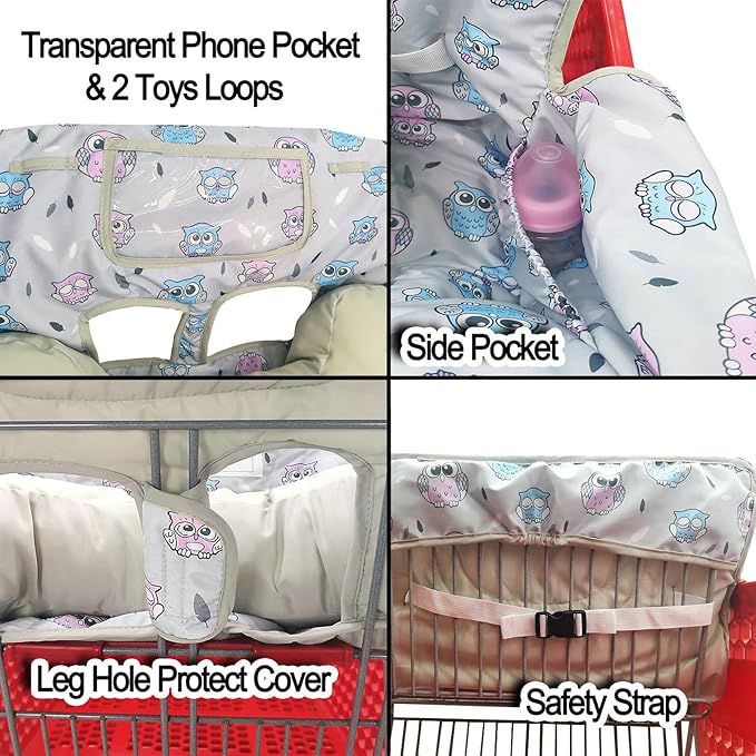Love&go Soft Pillow Attached 2-in-1 Shopping Cart and High Chair Cover for Baby, Cotton Padded Cart Cover, Fold'n Roll Style, Portable with Carry Bag (Gray Owl)