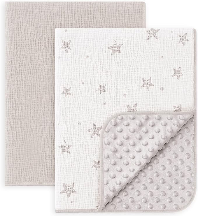 Susurration Baby Blanket for Unisex Boys Girls, 2 Pack Soft Fluffy Crib Blankets with Muslin Cotton Front and Dotted Fleece Back, Receiving Blanket for Baby Newborn Infant, 30x40inch, Beige Star&Grey